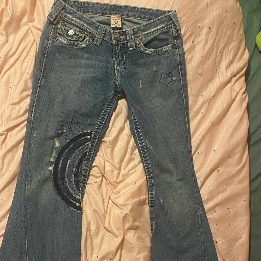 True Religion Blue Flare Jeans with Star Embroidery